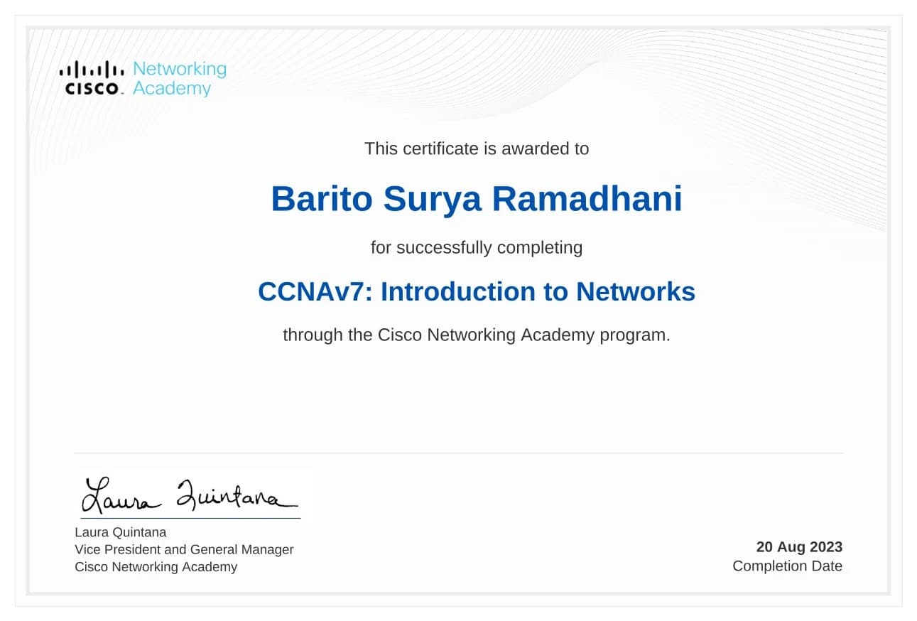 CCNAv7: Introduction to Networks certificate
