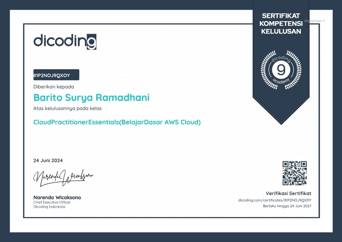 Cloud Practitioner Essentials (Belajar Dasar AWS Cloud) certificate
