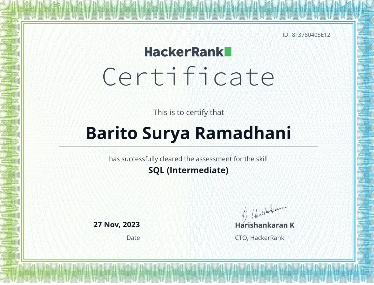 SQL (Intermediate) certificate